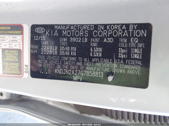2016 Kia Soul მანქანა იყიდება აუქციონზე, vin: KNDJN2A27G7858813, აუქციონის ნომერი: 45342468