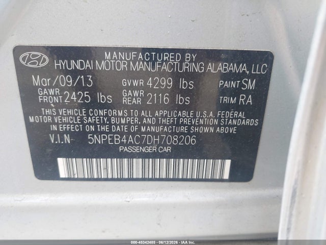 Aukcja sprzedaży 2013 Hyundai Sonata Gls, vin: 5NPEB4AC7DH708206, numer aukcji: 45342485