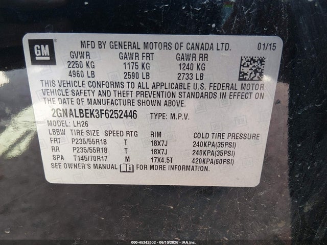 Chevrolet EQUINOX LT 2015 2GNALBEK3F6252446 Image 9
