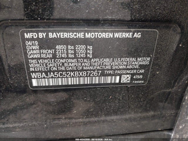 Aukcja sprzedaży 2019 Bmw 530i, vin: WBAJA5C52KBX87267, numer aukcji: 45342509