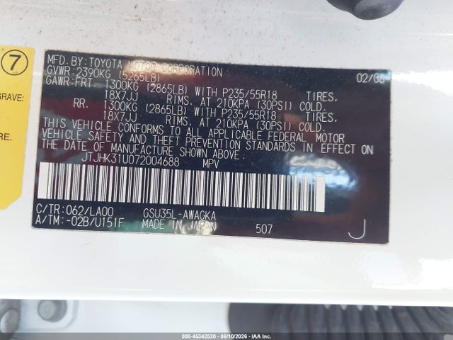 45342530 :رقم المزاد ، JTJHK31U072004688 vin ، 2007 Lexus Rx 350 مزاد بيع