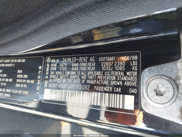 45342546 :رقم المزاد ، WDBFA68F3XF175092 vin ، 1999 Mercedes-benz Sl 500 مزاد بيع