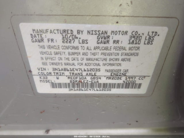 Продаж на аукціоні авто 2007 Nissan Sentra 2.0s, vin: 3N1AB61E47L612035, номер лоту: 45342561