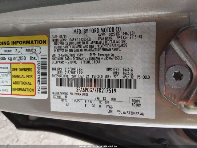 Ford FUSION S 2015 3FA6P0G77FR217519 Image 9