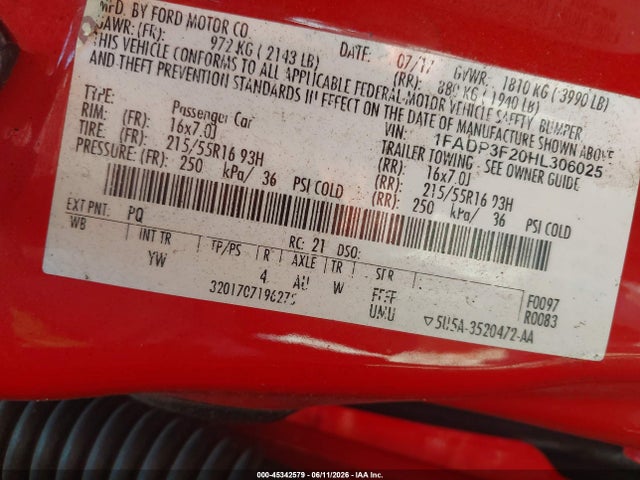 45342579 :رقم المزاد ، 1FADP3F20HL306025 vin ، 2017 Ford Focus Se مزاد بيع