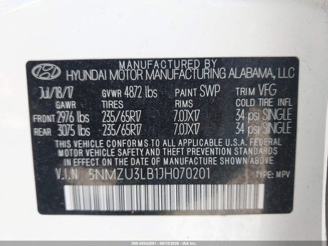 Aukcja sprzedaży 2018 Hyundai Santa Fe Sport 2.4l, vin: 5NMZU3LB1JH070201, numer aukcji: 45342581