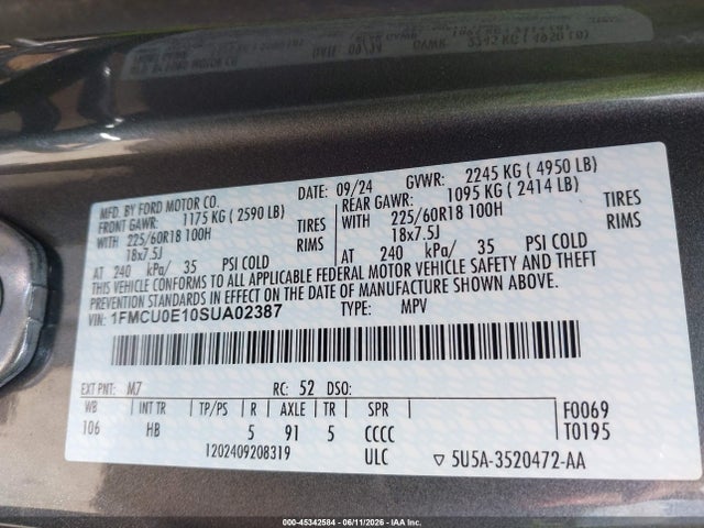 45342584 :رقم المزاد ، 1FMCU0E10SUA02387 vin ، 2025 Ford Escape Phev مزاد بيع