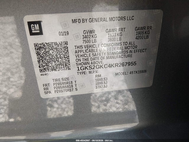 Aukcja sprzedaży 2019 Gmc Yukon Xl Slt, vin: 1GKS2GKC4KR267955, numer aukcji: 45342587