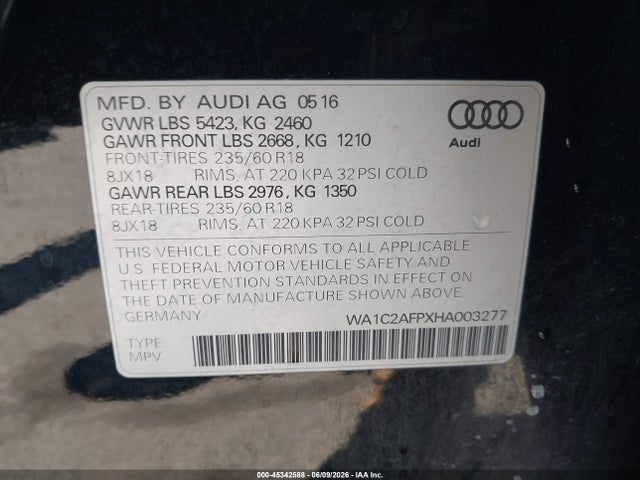 Aukcja sprzedaży 2017 Audi Q5 2.0t Premium, vin: WA1C2AFPXHA003277, numer aukcji: 45342588