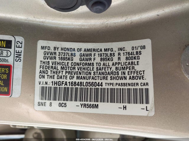 Продаж на аукціоні авто 2008 Honda Civic Ex, vin: 1HGFA16848L056044, номер лоту: 45342599