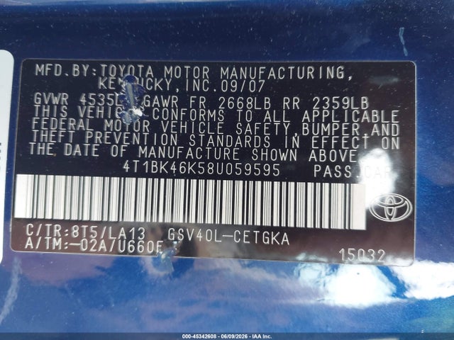 Aukcja sprzedaży 2008 Toyota Camry Xle V6, vin: 4T1BK46K58U059595, numer aukcji: 45342608