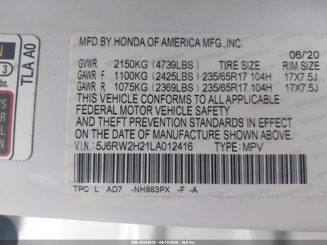 Honda Cr-v Awd Lx 2020 5J6RW2H21LA012416 Image 9
