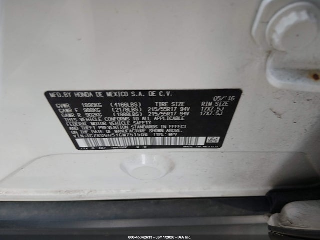 Aukcja sprzedaży 2016 Honda Hr-v Ex, vin: 3CZRU6H54GM751506, numer aukcji: 45342633