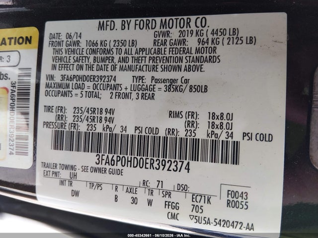 Ford FUSION SE 2014 3FA6P0HD0ER392374 Image 9