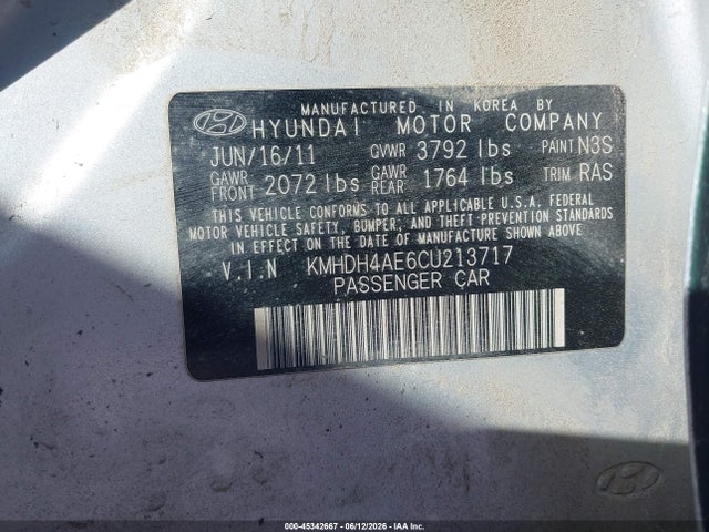 45342667 :رقم المزاد ، KMHDH4AE6CU213717 vin ، 2012 Hyundai Elantra Gls (ulsan Plant) مزاد بيع