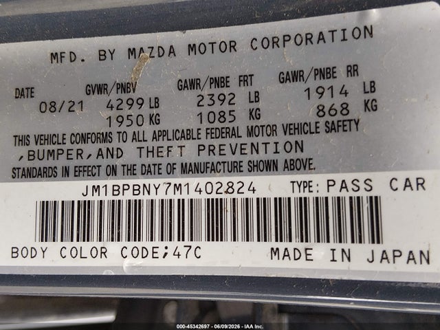 45342697 :رقم المزاد ، JM1BPBNY7M1402824 vin ، 2021 Mazda Mazda3 2.5 Turbo Premium Plus مزاد بيع