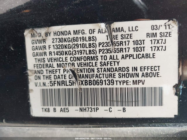 Продажа на аукционе авто 2011 Honda Odyssey Ex-l, vin: 5FNRL5H6XBB069139, номер лота: 45342700