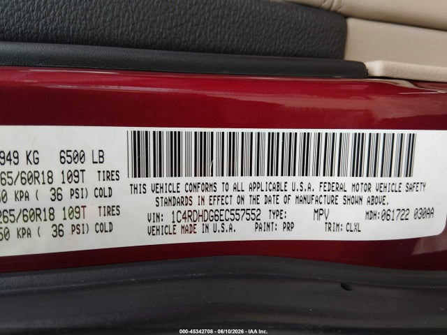Продажа на аукционе авто 2014 Dodge Durango Limited, vin: 1C4RDHDG6EC557552, номер лота: 45342708