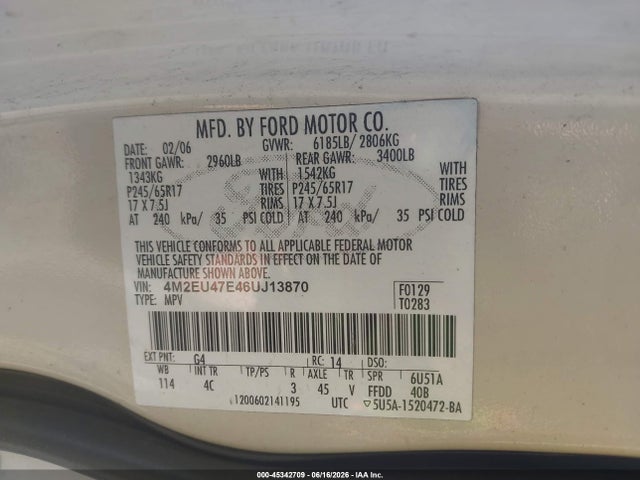 Продажа на аукционе авто 2006 Mercury Mountaineer Luxury, vin: 4M2EU47E46UJ13870, номер лота: 45342709