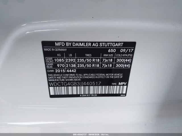 Auction sale of the 2018 Mercedes-benz Gla 250 4matic, vin: WDCTG4GB3JJ440517, lot number: 45342727
