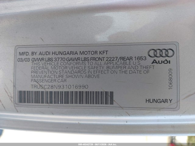 2003 Audi Tt 1.8l მანქანა იყიდება აუქციონზე, vin: TRUSC28N931016990, აუქციონის ნომერი: 45342729