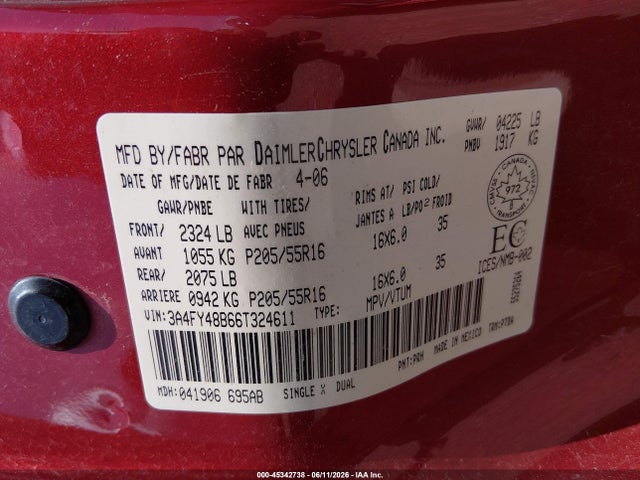 Aukcja sprzedaży 2006 Chrysler Pt Cruiser, vin: 3A4FY48B66T324611, numer aukcji: 45342738