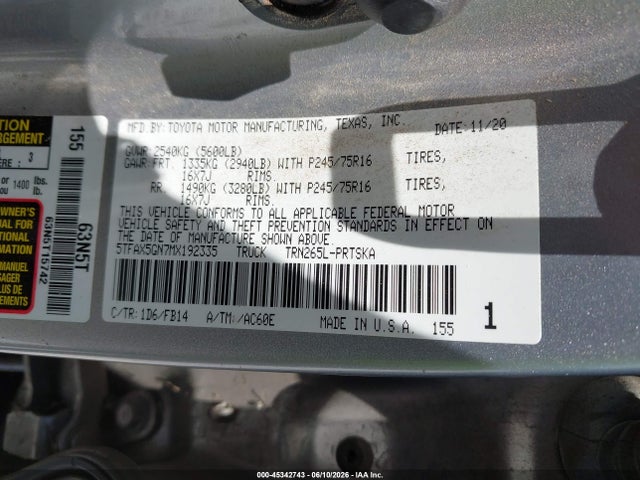 Продажа на аукционе авто 2021 Toyota Tacoma Sr, vin: 5TFAX5GN7MX192335, номер лота: 45342743