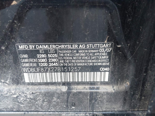 2007 Mercedes-benz E 350 4matic მანქანა იყიდება აუქციონზე, vin: WDBUF87X27B151257, აუქციონის ნომერი: 45342752