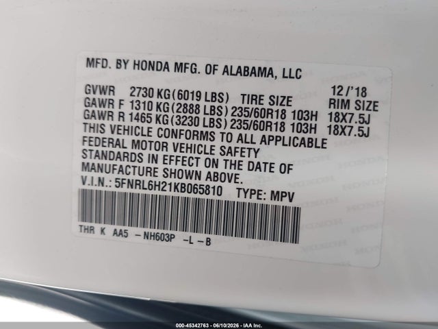 Honda ODYSSEY LX 2019 5FNRL6H21KB065810 Image 9