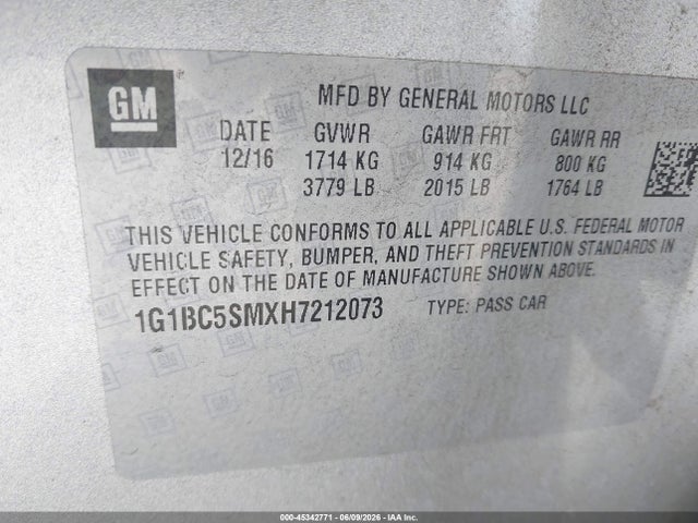 2017 Chevrolet Cruze Ls Auto მანქანა იყიდება აუქციონზე, vin: 1G1BC5SMXH7212073, აუქციონის ნომერი: 45342771