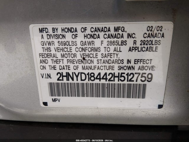 2002 Acura Mdx მანქანა იყიდება აუქციონზე, vin: 2HNYD18442H512759, აუქციონის ნომერი: 45342773