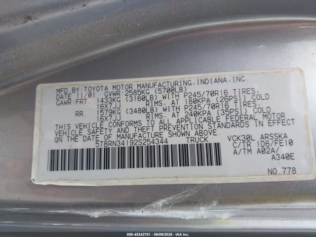Aukcja sprzedaży 2002 Toyota Tundra Sr5, vin: 5TBRN34192S254344, numer aukcji: 45342781