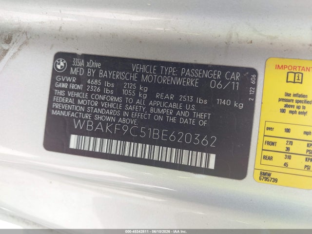 Продаж на аукціоні авто 2011 Bmw 335i Xdrive, vin: WBAKF9C51BE620362, номер лоту: 45342811