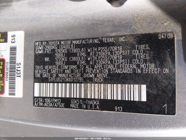 Продажа на аукционе авто 2008 Toyota Tundra Base V6, vin: 5TFLU52138X012795, номер лота: 45342817