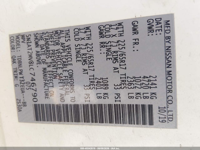 45342819 :رقم المزاد ، 5N1AT2MV8LC746790 vin ، 2020 Nissan Rogue S Intelligent Awd مزاد بيع