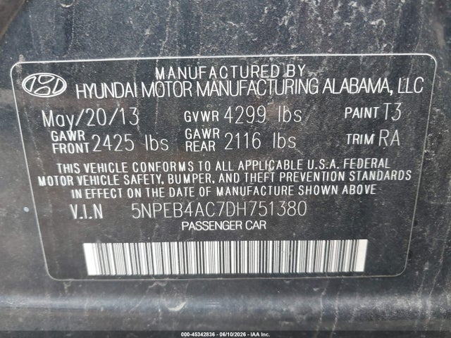 2013 Hyundai Sonata Gls მანქანა იყიდება აუქციონზე, vin: 5NPEB4AC7DH751380, აუქციონის ნომერი: 45342836
