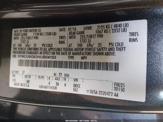 Продажа на аукционе авто 2017 Ford Escape Se, vin: 1FMCU9G93HUB04153, номер лота: 45342848