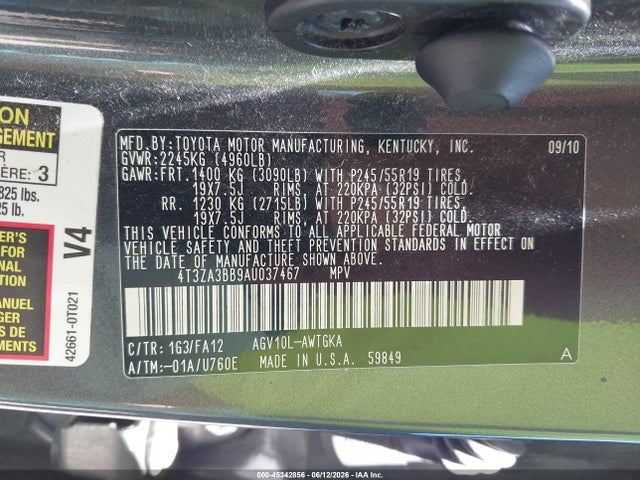 45342856 :رقم المزاد ، 4T3ZA3BB9AU037467 vin ، 2010 Toyota Venza مزاد بيع