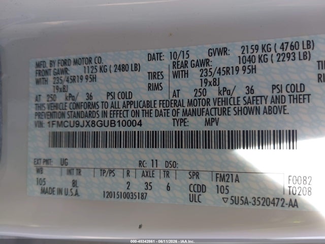 45342861 :رقم المزاد ، 1FMCU9JX8GUB10004 vin ، 2016 Ford Escape Titanium مزاد بيع