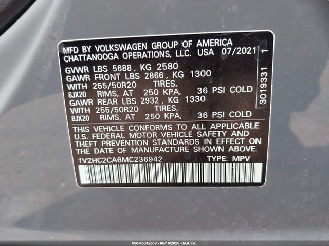 1V2HC2CA6MC236942 Volkswagen Atlas Cross Sport 2.0t Se W/technology