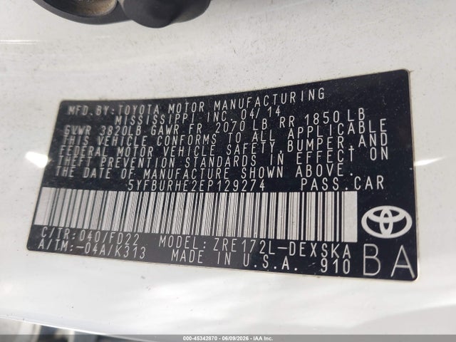 Aukcja sprzedaży 2014 Toyota Corolla S Plus, vin: 5YFBURHE2EP129274, numer aukcji: 45342870