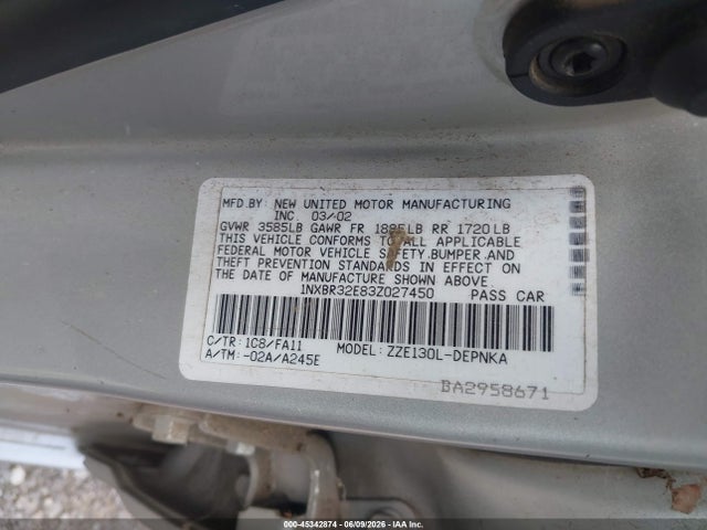 45342874 :رقم المزاد ، 1NXBR32E83Z027450 vin ، 2003 Toyota Corolla Le مزاد بيع