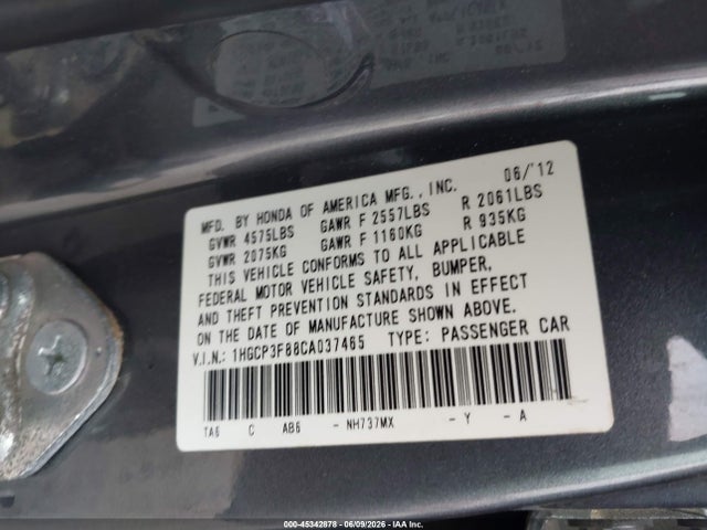 Aukcja sprzedaży 2012 Honda Accord 3.5 Ex-l, vin: 1HGCP3F88CA037465, numer aukcji: 45342878