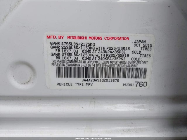 45342892 :رقم المزاد ، JA4AZ3A31GZ013876 vin ، 2016 Mitsubishi Outlander Es/se/sel مزاد بيع