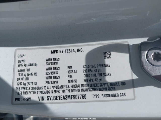 Tesla Model 3 Standard Range Plus Rear-wheel Drive 2021 5YJ3E1EA3MF907760 Image 7