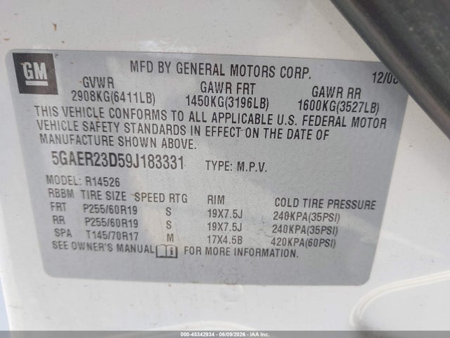 45342934 :رقم المزاد ، 5GAER23D59J183331 vin ، 2009 Buick Enclave Cxl مزاد بيع