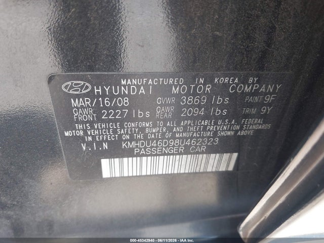 Aukcja sprzedaży 2008 Hyundai Elantra Gls/se, vin: KMHDU46D98U462323, numer aukcji: 45342940