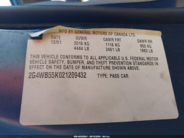 Aukcja sprzedaży 2002 Buick Regal Ls, vin: 2G4WB55K021209432, numer aukcji: 45342941