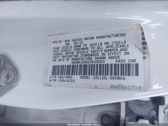 45342957 :رقم المزاد ، 1NXBR12E62Z610263 vin ، 2002 Toyota Corolla Ce مزاد بيع