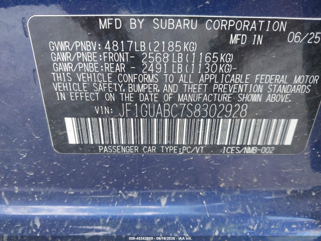 Aukcja sprzedaży 2025 Subaru Impreza Base 5-door, vin: JF1GUABC7S8302928, numer aukcji: 45342959